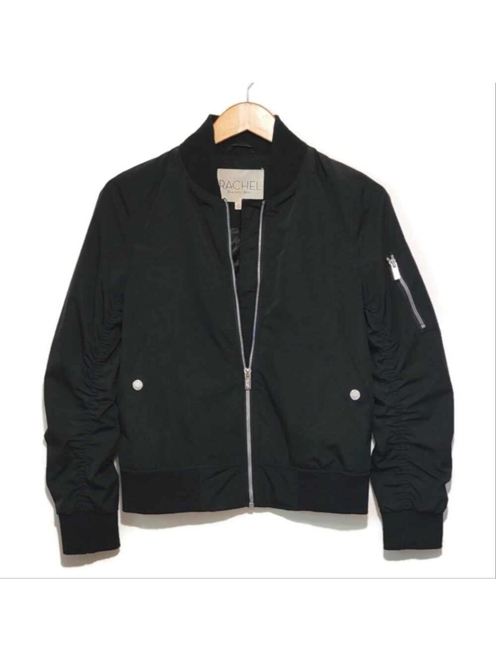 Rachel Roy Black Bomber Jacket Ruched Sleeve Zip Front Chic Trendy Casual XS